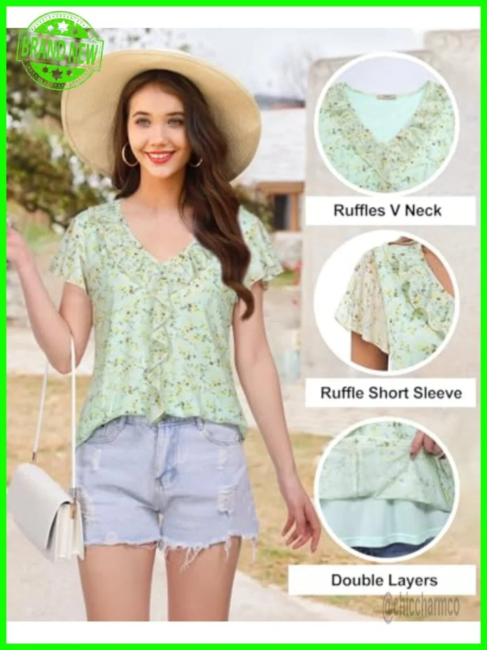 Ruffle V-Neck Short Sleeve Blouse Tunic Floral Peasant Top
